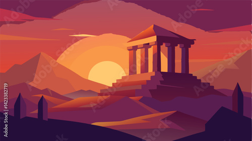 Low Poly Sunset Temple Ruins With Glowing Sky