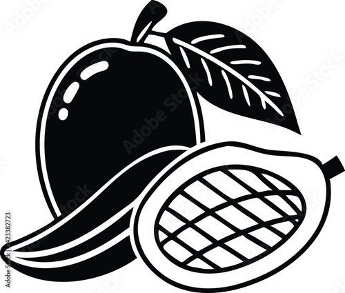 Black and White Mango Illustration with Sliced Half