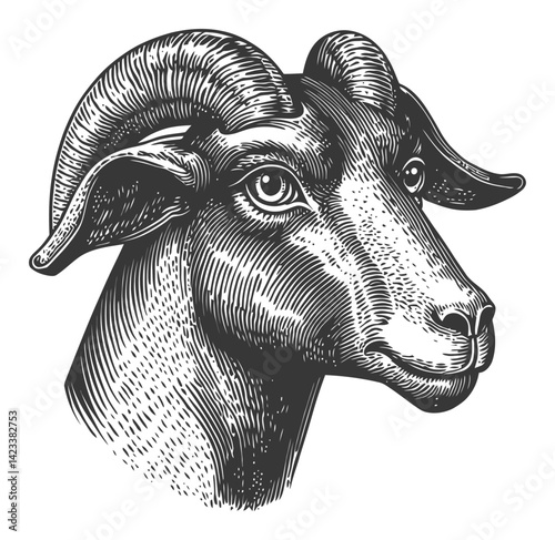 Detailed Engraving of a Goat Head in Classic Linocut Style