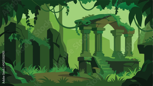 Jungle Ruins Covered In Moss And Creeping Vines
