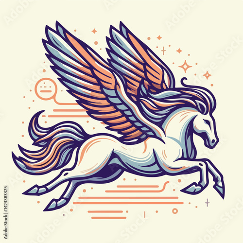 Majestic Pegasus in Flight: An illustration of the mythical Pegasus soaring through the air, its powerful wings spread, showcasing grace, freedom, and the allure of fantasy.