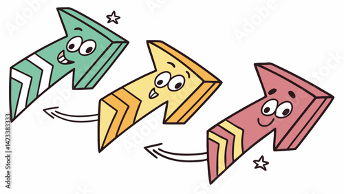 Three playful cartoon arrows in vibrant colors showcase smiling faces and dynamic designs, perfect for adding a fun touch to artistic endeavors and presentations