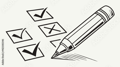 A creative display features hand drawn check marks and one X in black charcoal pencil. The artwork emphasizes clarity and simplicity, making it suitable for various design projects