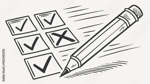 A set of hand drawn check marks and an unchecked box are sketched with a black charcoal pencil. The marks convey a sense of organization and task completion, showcased with swift strokes