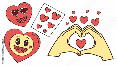 Colorful illustration features various love emojis and hearts, with hands making a heart shape. This artwork conveys positive emotions associated with love and happiness