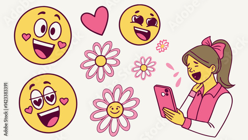 A young girl with a ponytail enjoys her smartphone, smiling as she interacts with colorful emojis and flowers. The environment is lighthearted and fun, perfect for expressing joy