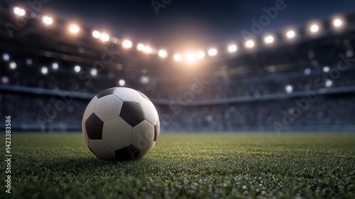 Soccer ball on a pristine field in an illuminated stadium, perfect for depicting sports events, competition, or an evening football match.