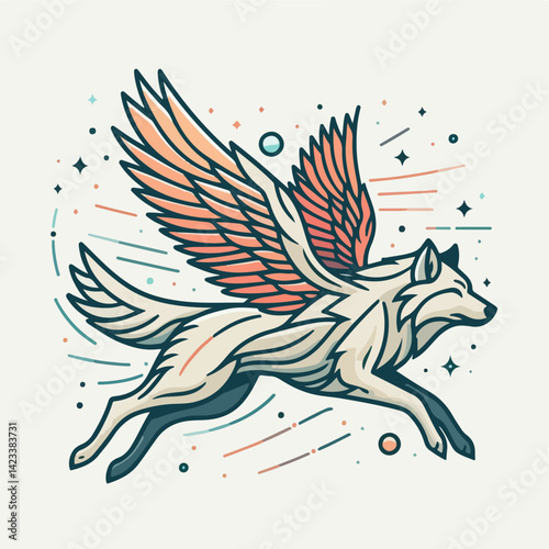Celestial Wolf: A stylized depiction of a wolf, transformed by ethereal wings, embodies freedom and flight. It soars amidst a dynamic backdrop of celestial elements and flowing lines. 