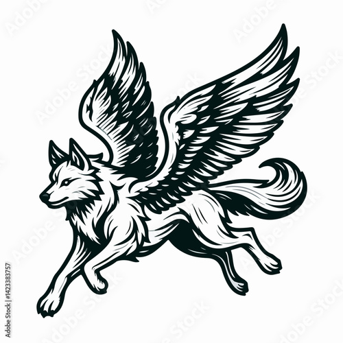 Winged Wolf in Flight: A striking monochrome illustration of a mythical winged wolf, showcasing intricate detail and dynamic movement as it soars through the air.