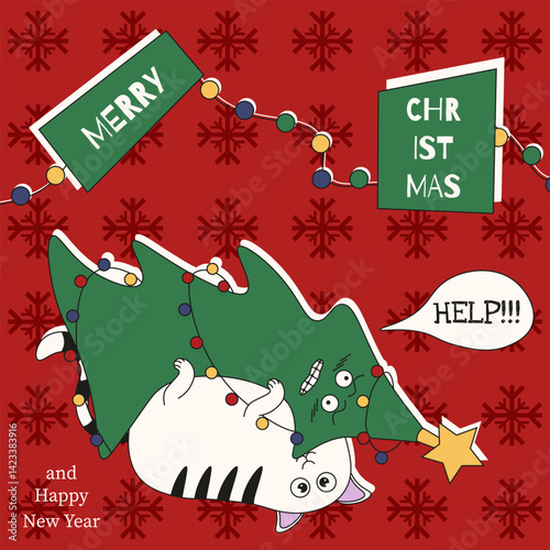 Funny Merry Christmas and Happy New Year brochure cover template design, Xmas Background with funny weird Whimsical Cat and Christmas tree, Pop art vector illustration with typography EPS 10