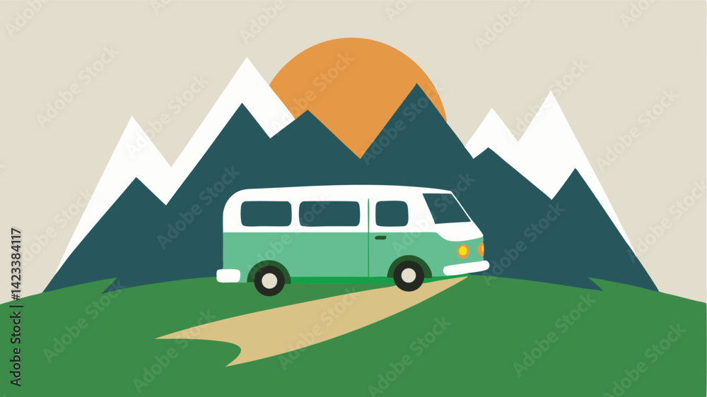 Obraz premium Camper Van On Mountain Pass In Watercolor