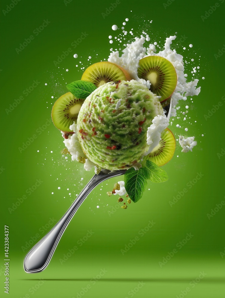 A vibrant green ice cream scoop garnished with kiwi slices and mint leaves, elegantly presented on a spoon, against a bold green background.