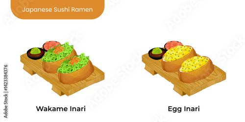 A colorful and tasty illustration of ramen and sushi traditional Japanese food