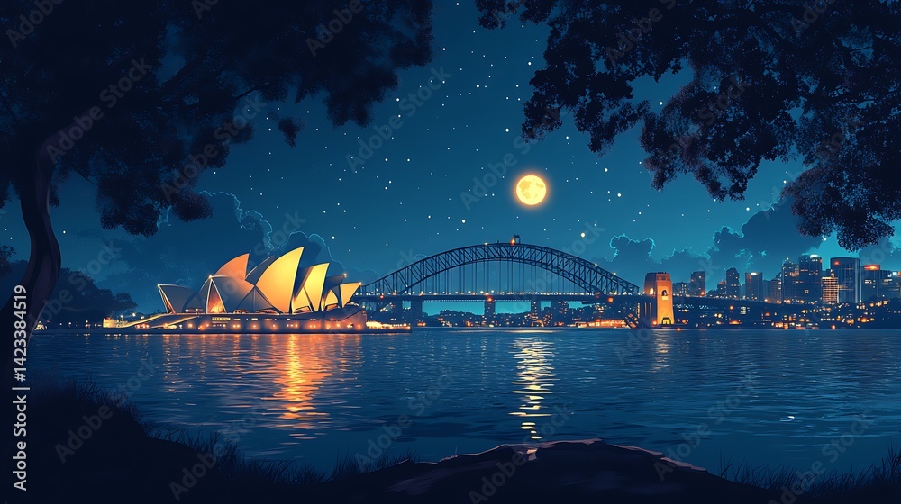 Obraz premium Flat minimalist night scene of Sydney with Opera House and Harbour Bridge lit from below, ocean in foreground, soft moon glow in sky, simplified city lights as tiny dots, hd quality, natural look.