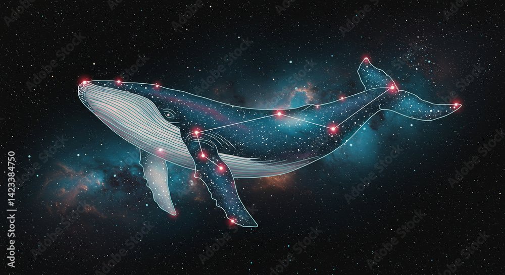 Naklejka premium Whale Swimming in Starry Space with Constellation
