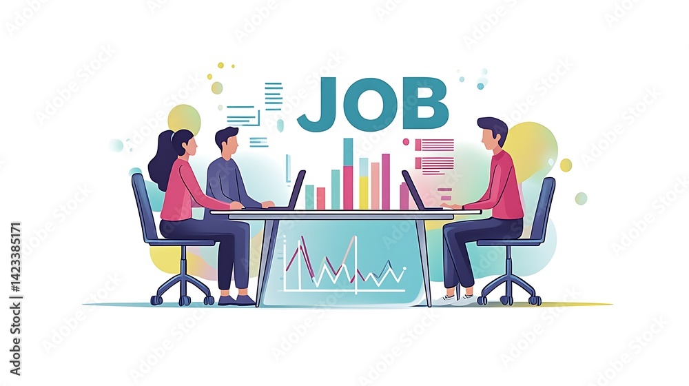 Vector business scene with three marketers in a meeting, presenting campaign results with graphs beside bold