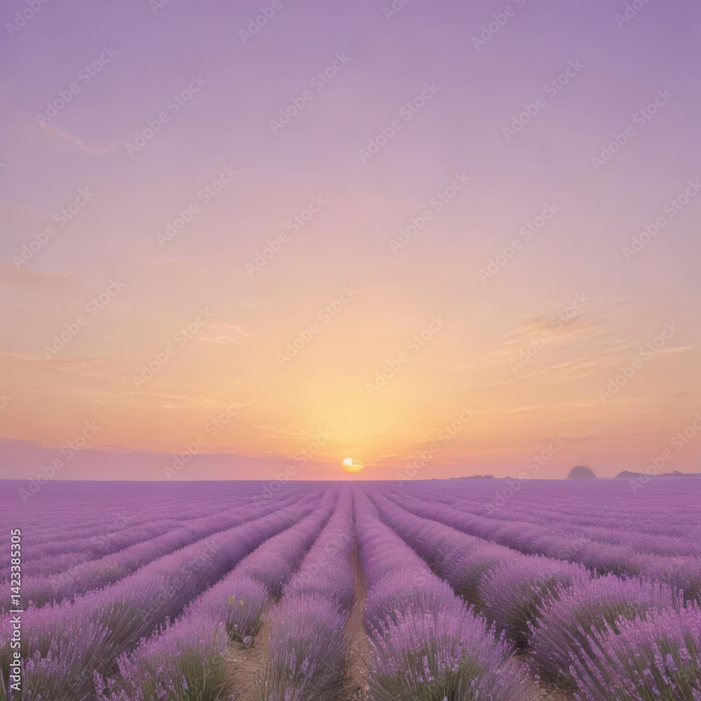 Obraz premium Lavender Field Serenity at Sunset: A breathtaking view of a vast lavender field bathed in the warm, golden hues of the sunset, creating a sense of tranquility and natural beauty. 