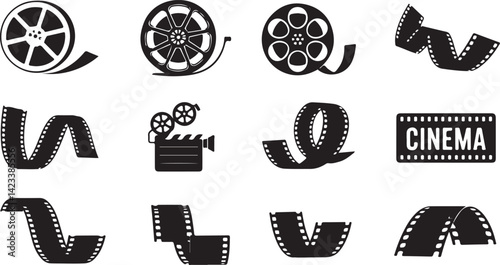 Vector Illustration of Film Rolls and Cinema Equipment for Movie, Filmmaking, and Cinema Industry Projects Featuring Movie Reel and Camera Design