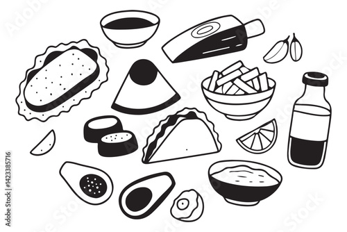Mexican Food Doodles Collection, Hand-Drawn Snack & Meal Icons, Black and White Vector Illustrations