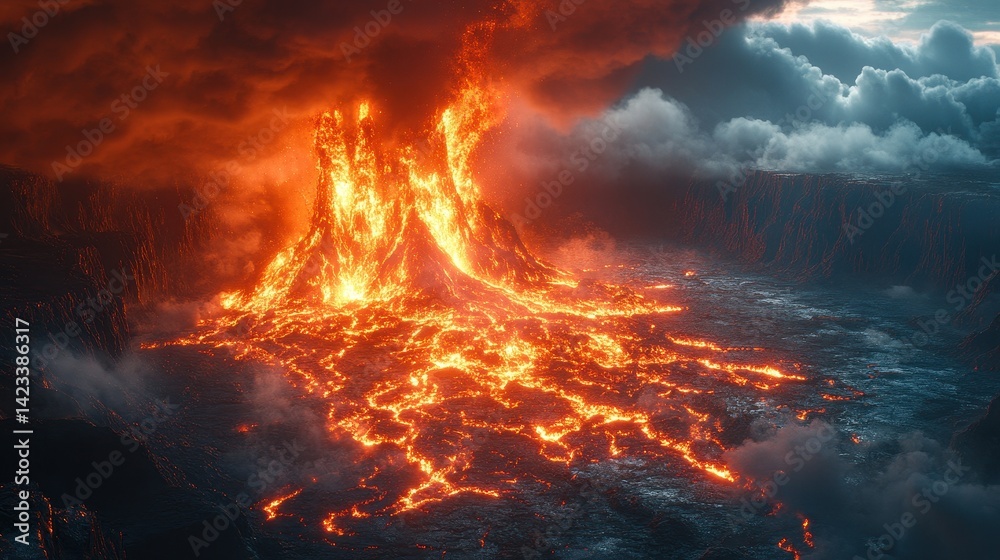 Fiery volcanic eruption, a breathtaking display of nature's power. Fiery volcanic eruption, a breathtaking display of nature's power.