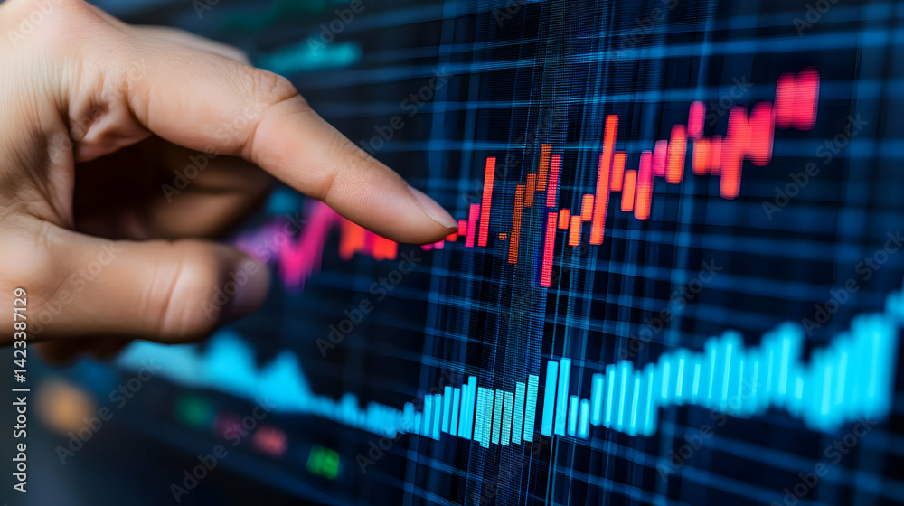 Hand Pointing at Financial Data Chart on a Screen Hand Pointing at Financial Data Chart on a Screen