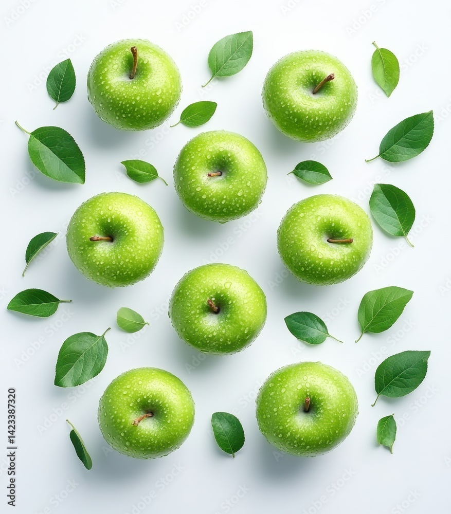 Fototapeta premium Delightful falling green apples with vibrant leaves captured from above on a crisp white backdrop for a fresh and healthy design