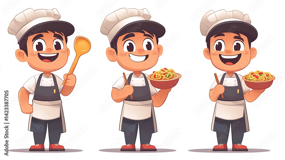 Cartoon vector illustration of a food vendor with a ladle in one hand and a noodle bowl in the other, wearing apron and cap, full body, viewed front-on with wide smile. Clean white background.