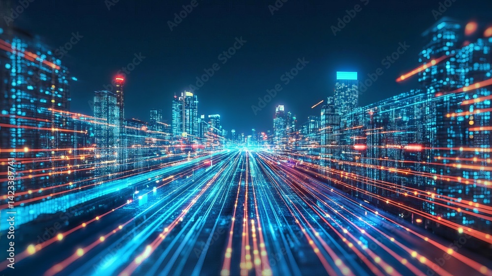 Fototapeta premium Futuristic cityscape night lights technology abstract digital urban scenery red data blue speed lines