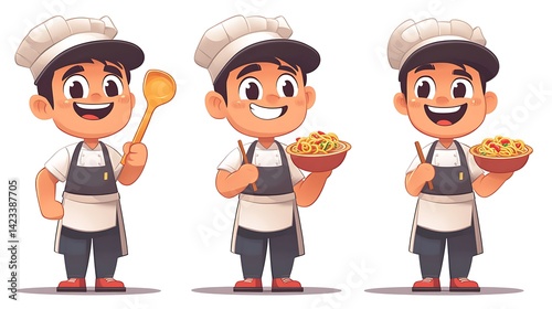 Obraz na płótnie Cartoon vector illustration of a food vendor with a ladle in one hand and a noodle bowl in the other, wearing apron and cap, full body, viewed front-on with wide smile. Clean white background. w salonie