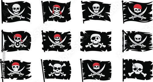  Vector Illustration of Pirate Flags with Skull and Crossbones for Nautical, Pirate, and Maritime Themed Design