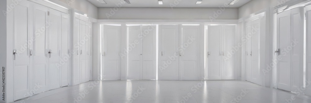 Rows of pristine white doors in a bright space , row, geometric Rows of pristine white doors in a bright space , row, geometric