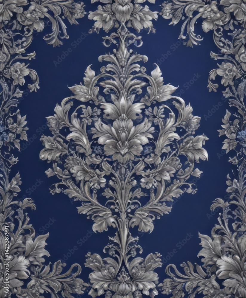 Royal blue and silver floral pattern, regal Victorian style, rich, print