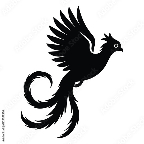 Quetzal bird in flight Silhouette, Vector, Icon, Logo, White Background.