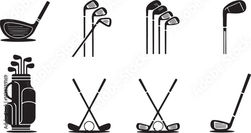 Golf Equipment Set Vector Silhouette Illustration, Golf Clubs and Accessories Design, Sports Gear Icon
