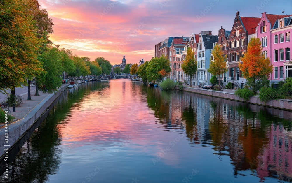 A beautiful row of houses along the canals in Amsterdam, with reflections on the water and lights from the windows at sunset A beautiful row of houses along the canals in Amsterdam, with reflections on the water and lights from the windows at sunset