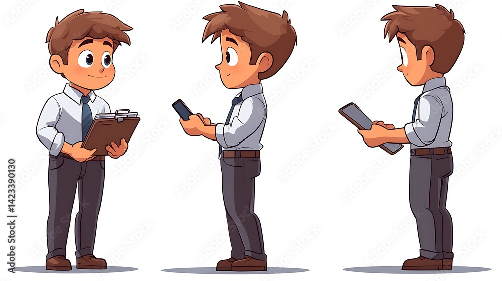 Office worker cartoon character in button-up shirt and tie, multitasking with phone in one hand and writing in a folder with the other, determined expression. White background.