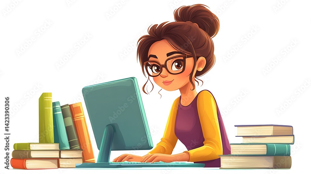 Vector cartoon illustration of a librarian at a desktop computer, adjusting glasses and typing while surrounded by books, calm and engaged expression. White background, detailed vector setup.
