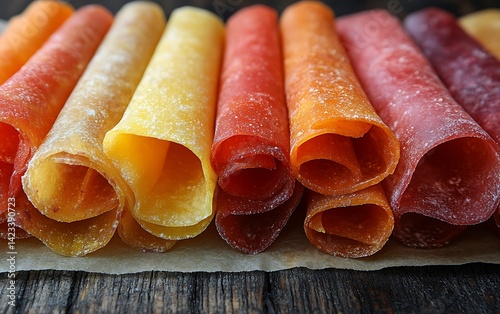 Colorful rolled fruit leather on rustic wooden background.