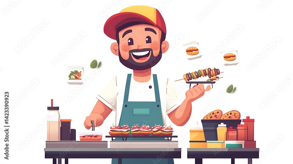 A flat-style cartoon character of a cheerful street vendor flipping skewers on a portable grill, apron and cap outfit, expressive face with dynamic cooking pose, surrounded by food icons.
