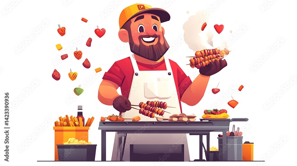 A flat-style cartoon character of a cheerful street vendor flipping skewers on a portable grill, apron and cap outfit, expressive face with dynamic cooking pose, surrounded by food icons.