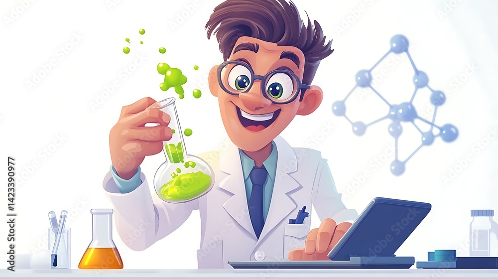 A full-body cartoon vector scientist character, animated style with wide-eyed excited expression, pouring green solution into test tube with dramatic reaction, digital tablet glowing on desk nearby.