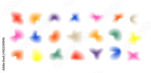 Gradient amoeba shapes. Set of 3d vector colorful modern free form design elements. Liquid shape glowing blobs in vibrant vintage colors on transparent background. Organic fluid irregular freeform bg