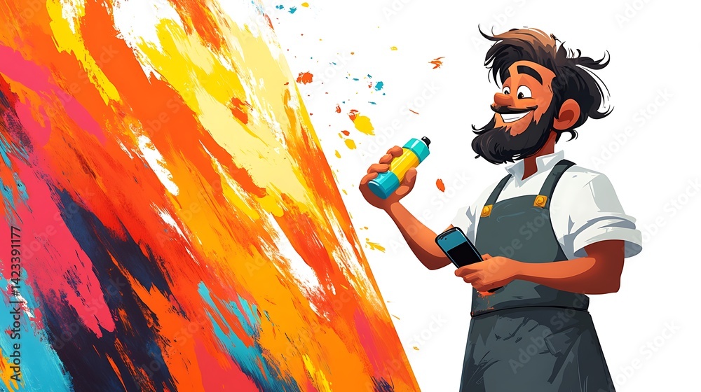 Artist cartoon character in apron with vibrant spray can in hand, mobile phone to ear, multitasking while painting on a large canvas with energetic expression. White background, dynamic posture.