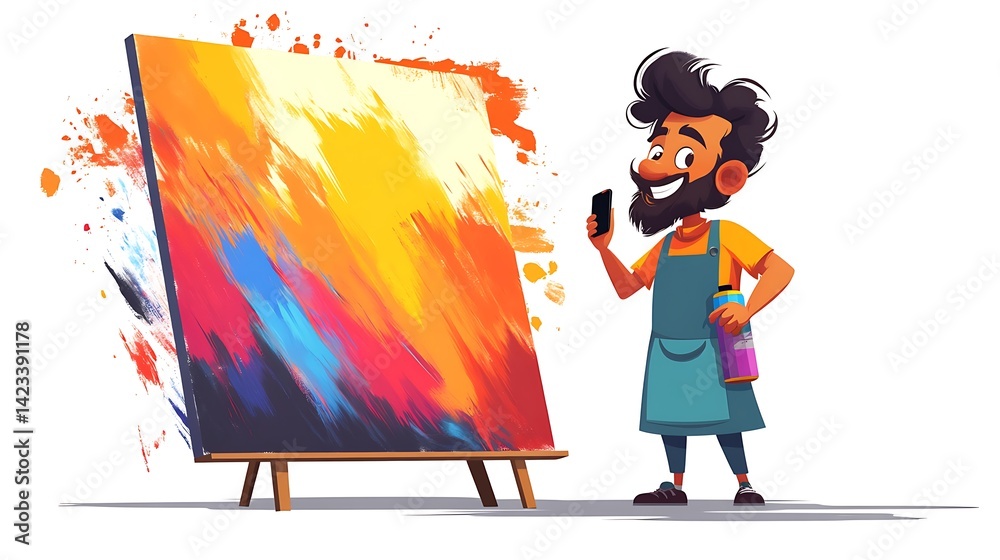 Artist cartoon character in apron with vibrant spray can in hand, mobile phone to ear, multitasking while painting on a large canvas with energetic expression. White background, dynamic posture.