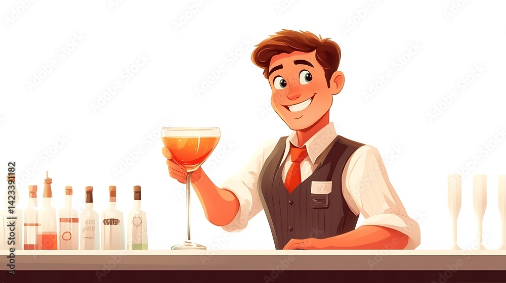 Bartender cartoon character leaning forward on bar with sly smile, handing over a cocktail in fancy glass, vest and apron outfit, background of clean white. Full body.