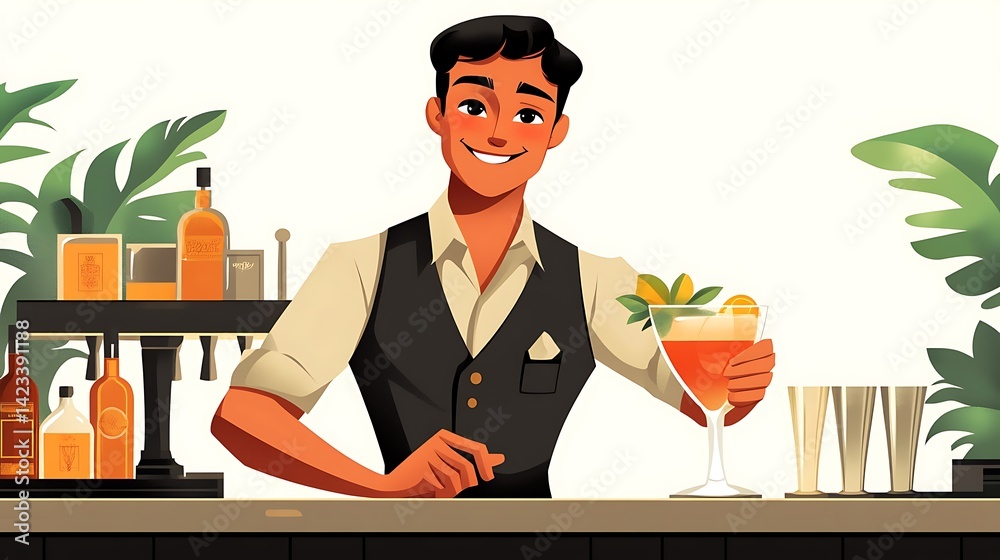 Bartender cartoon character leaning forward on bar with sly smile, handing over a cocktail in fancy glass, vest and apron outfit, background of clean white. Full body.