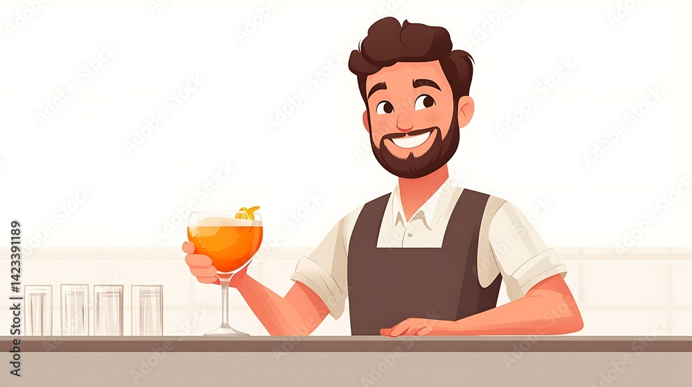 Bartender cartoon character leaning forward on bar with sly smile, handing over a cocktail in fancy glass, vest and apron outfit, background of clean white. Full body.