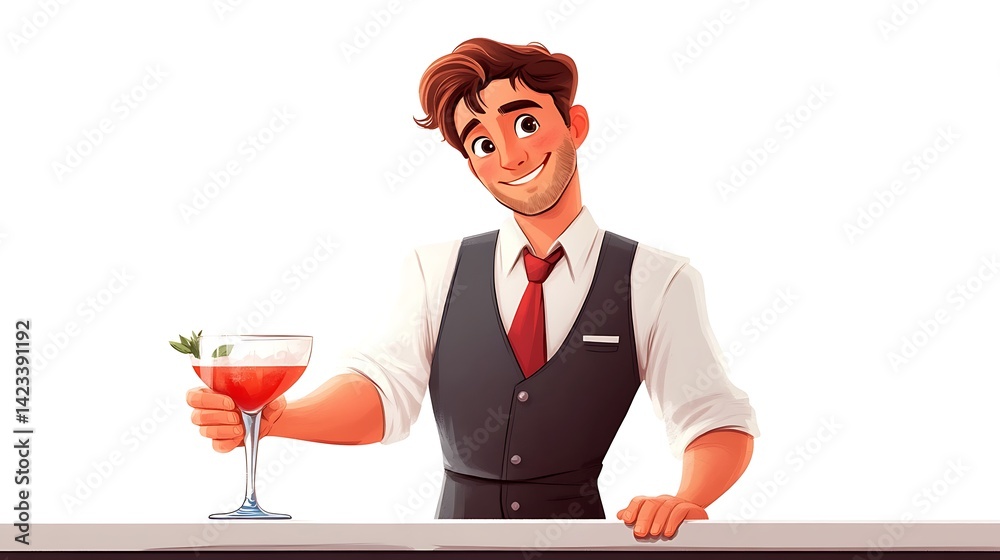 Bartender cartoon character leaning forward on bar with sly smile, handing over a cocktail in fancy glass, vest and apron outfit, background of clean white. Full body.