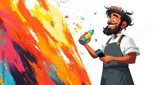 Obraz na płótnie Artist cartoon character in apron with vibrant spray can in hand, mobile phone to ear, multitasking while painting on a large canvas with energetic expression. White background, dynamic posture. w salonie