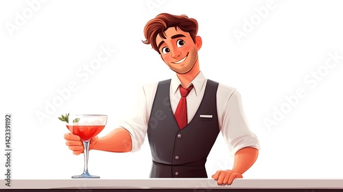 Obraz na płótnie Bartender cartoon character leaning forward on bar with sly smile, handing over a cocktail in fancy glass, vest and apron outfit, background of clean white. Full body. w salonie